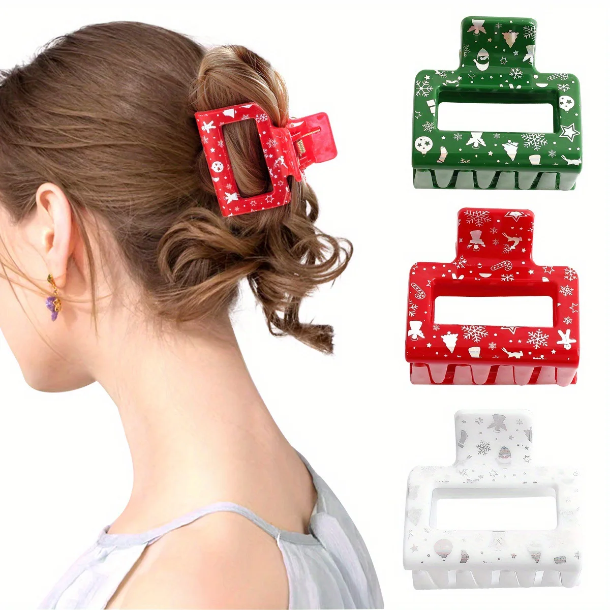 Christmas Hair Clip Cartoon Santa Claus Snowflake Red Green Geometric Hair Claws Party Hair Accessories for Women Girls