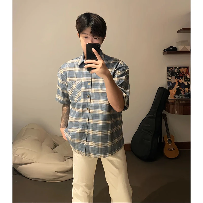 

Blue Plaid ort Sve irt Men's Summer High-End y Cheered Sun Protection irt Loose Fit Youthful Trend arp Collar