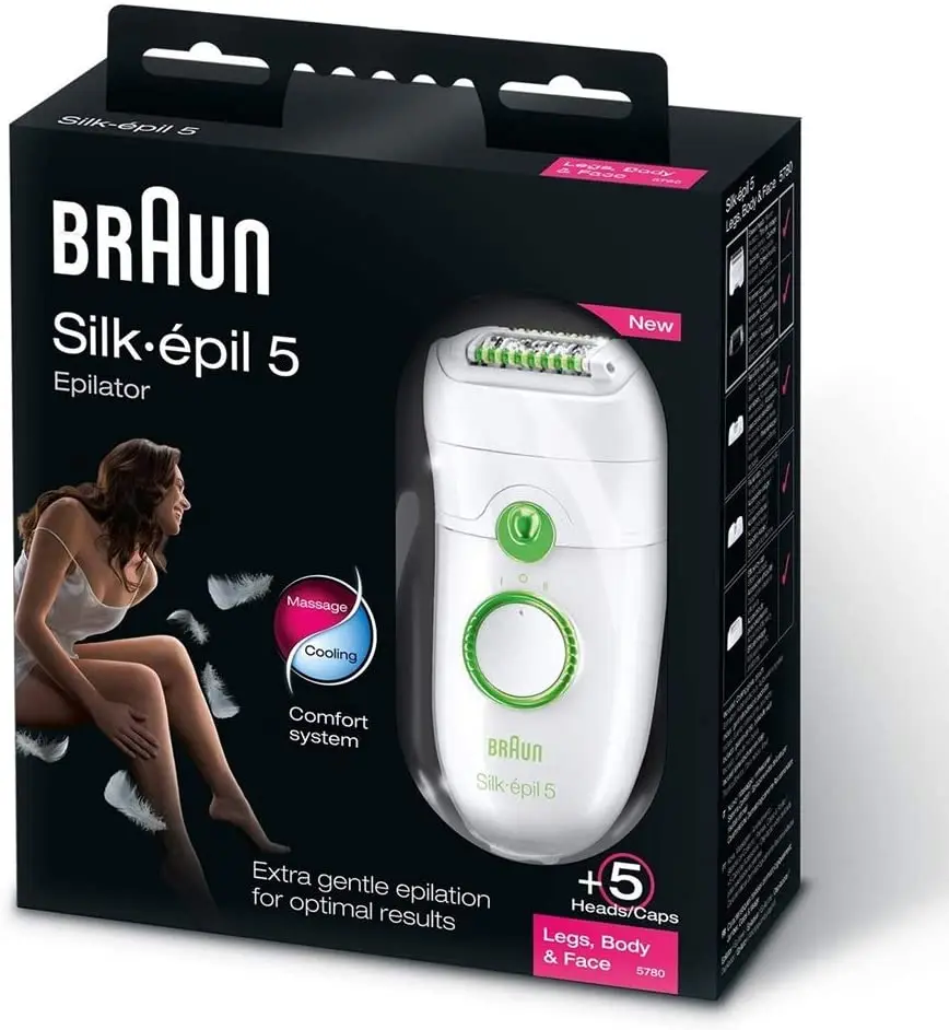 Braun Silk-Epil 5 Power 5780 Epilator Hair Removal with 7 Extras Including Shaver Head -Trimmer Cap White Green bodysuit kadın