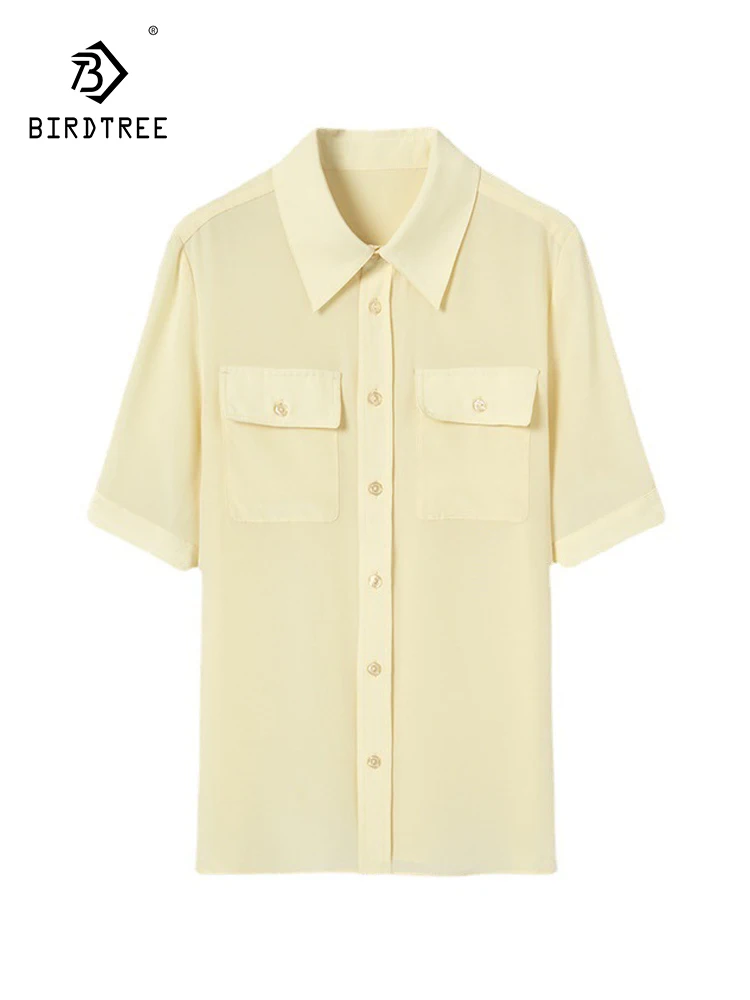 

Birdtree 16MM 100%Mulberry Silk 2023 Summer Solid Shirt Women's Pocket Short Sleeve Temperament Top Small Commuter Wear T38227QC