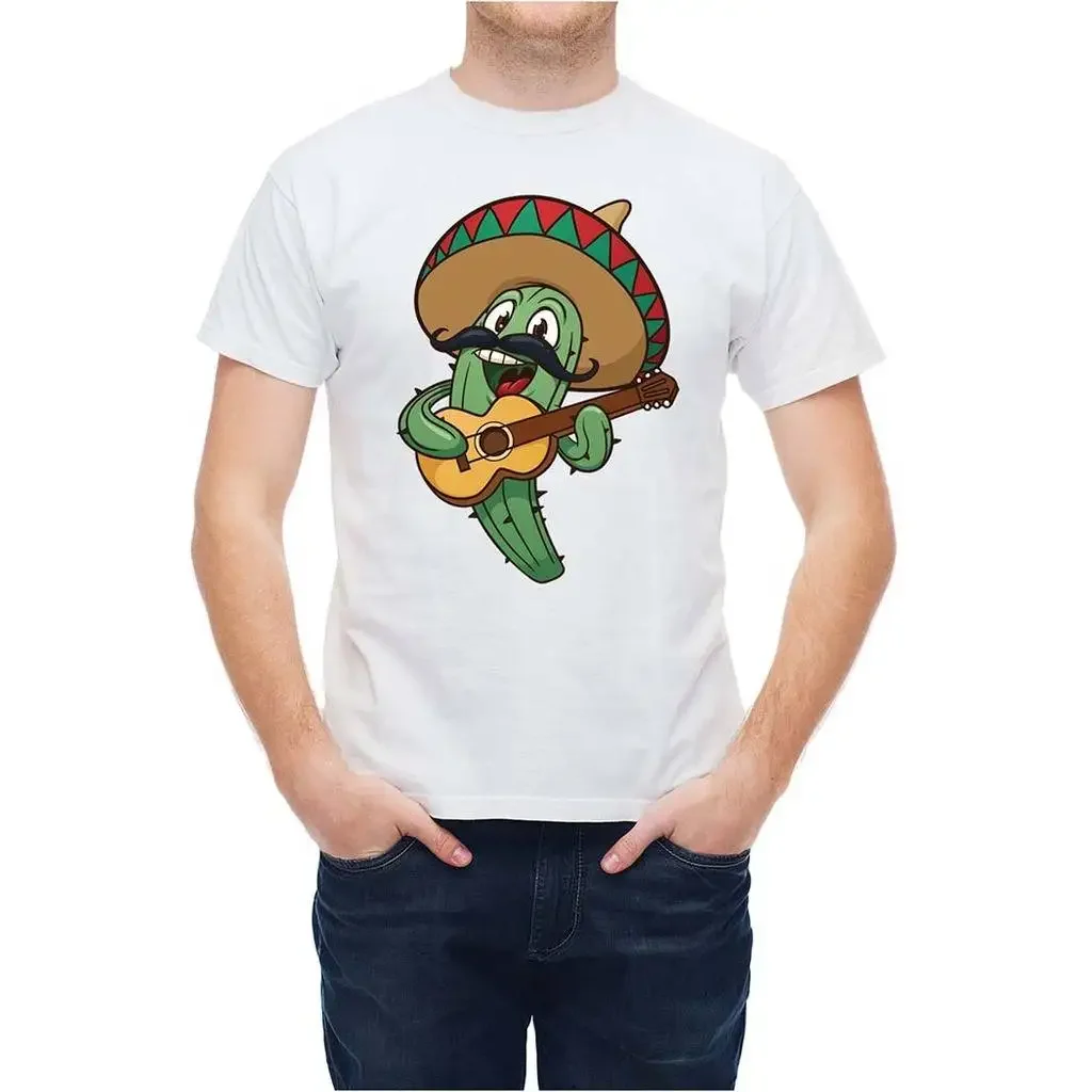 Humorous Comical Cartoon Sombrero Cactus Guitarist Singer T Shirt New 100% Cotton Short Sleeve O-Neck T-shirt Casual Mens Top