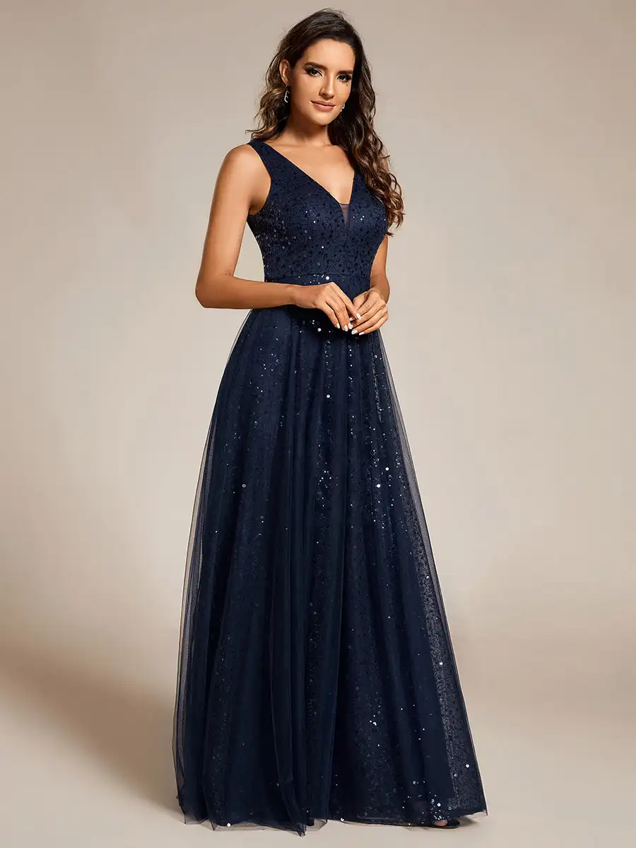 Gorgeous Evening Dresses V-Neck Sleeveless High-Waist See-Through Sequin Tulle 2024 Ever Pretty of Navy Blue Bridesmaid Dress