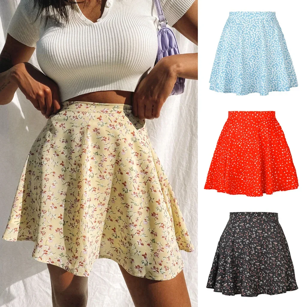 

Women Small Floral Print High Elastic Waist A-Line Skirt Summer Lady Chiffon Zipper Skirts