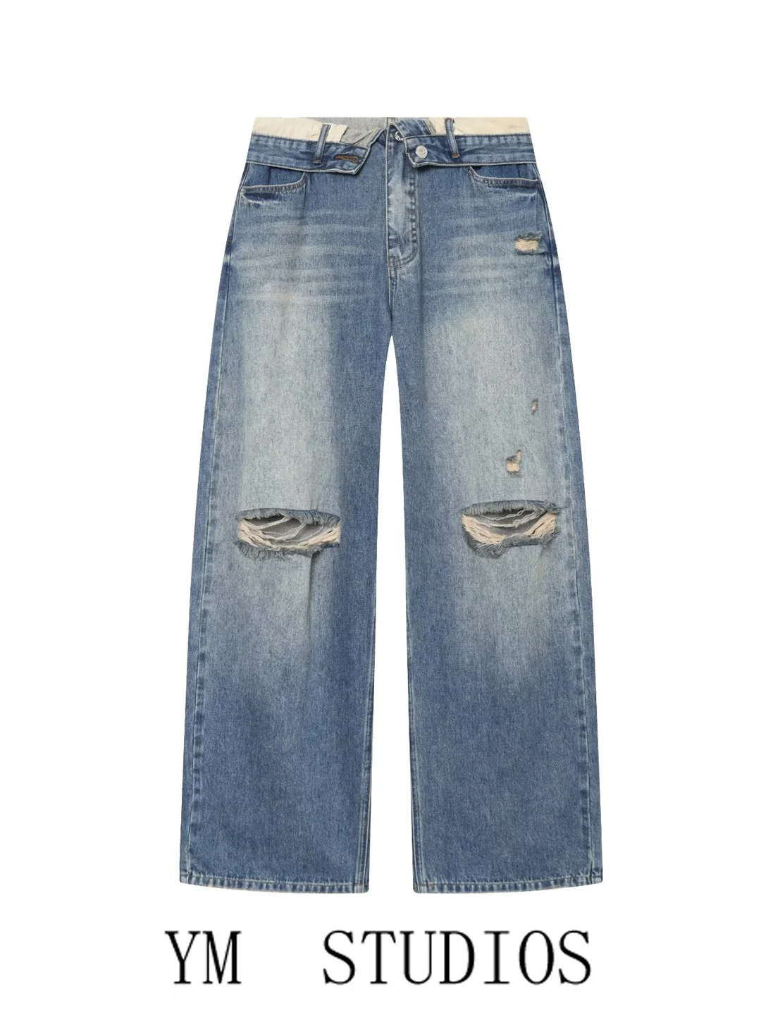 American Style Straight Leg Jeans Women's Spring Autumn mid Waist Cuffed Long Pants Knee Hole Street Snap Button Denim