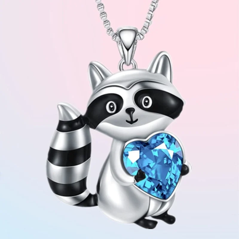 Fashion Lovely Raccoon Necklace Animal Raccoon Jewelry Blue Crystal Love Pendant Necklaces for Women Birthday Anniversary Gift