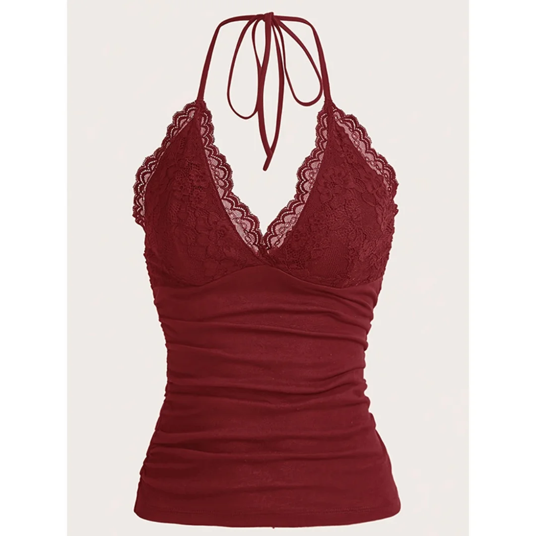 캐주얼한 여름 의상을 위한 플로위 플리츠 디테일과 정교한 레이스 패치워크가 있는 세련된 솔리드 컬러 브이넥 캐미솔