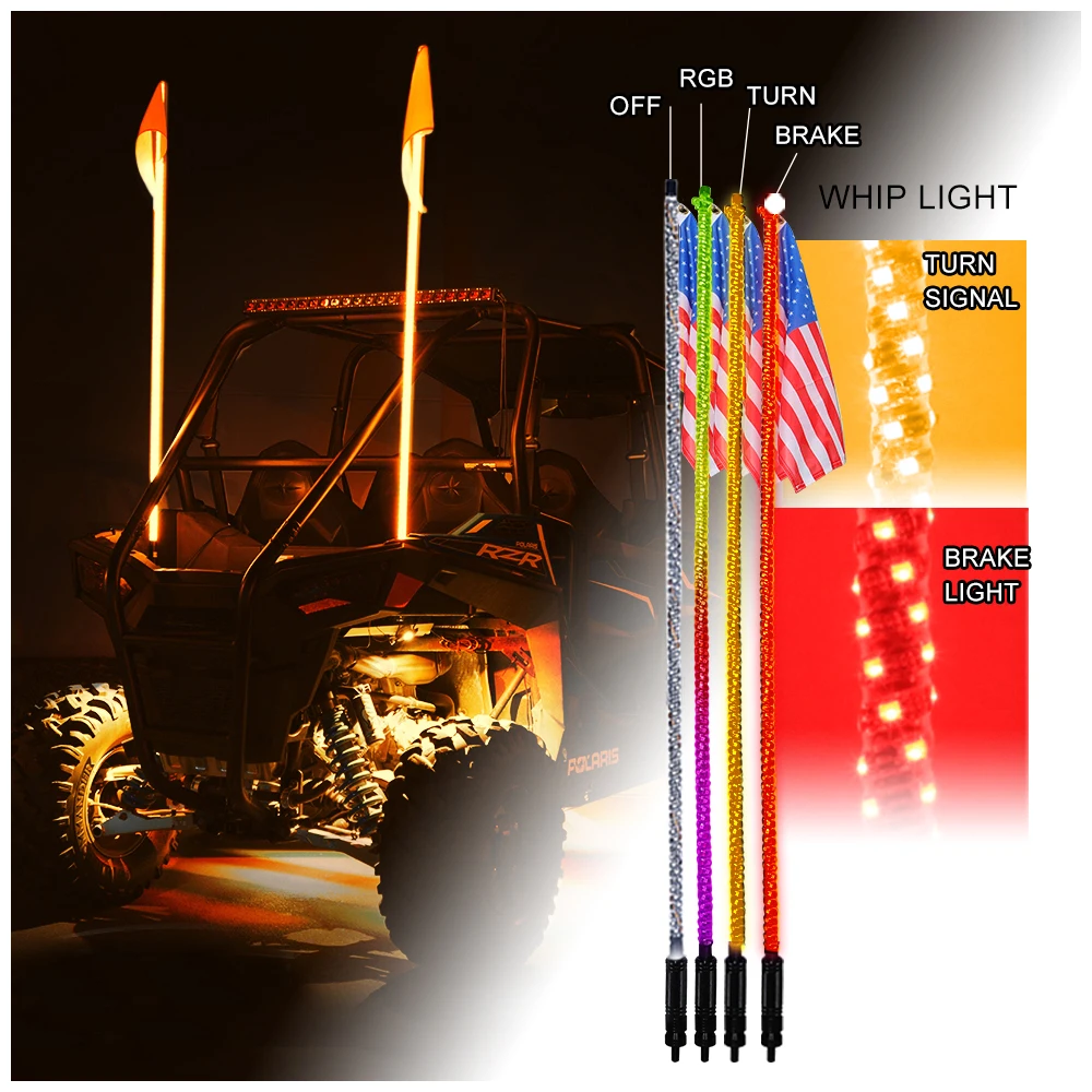 Flexible Led Whip rzr 360 Degree Spiral RGB Antennas Twisted Accessories Remote LED Whip Lights 3/4/5/6 FT for UTV Off- Road ATV