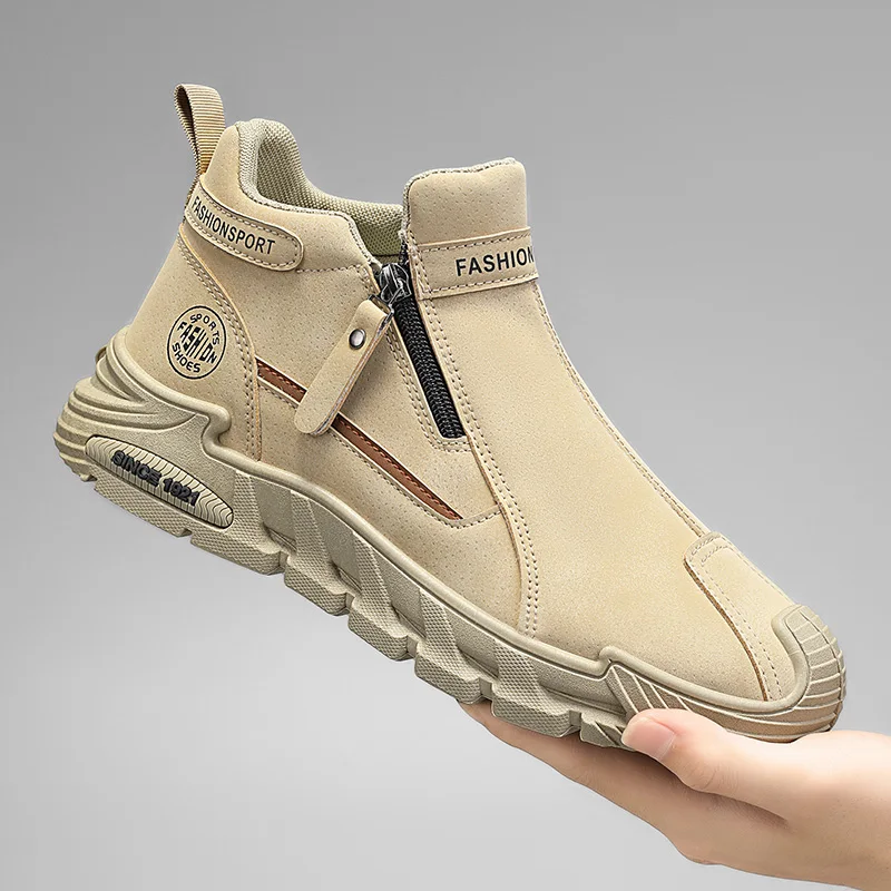 

Fashion Designer Men's Platform Boots 2026 New Style Outdoor Zipper Casual Work Shoes Mens Non-slip Wear-resistant Bare Boots