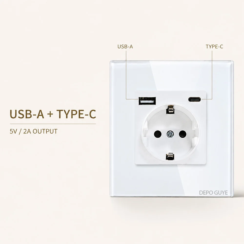 EU Standard 86x86mm Tempered Glass Wall Socket 16A Power Outlet with 5V 2A USB Type C or Dual USB for Home Hotel Office