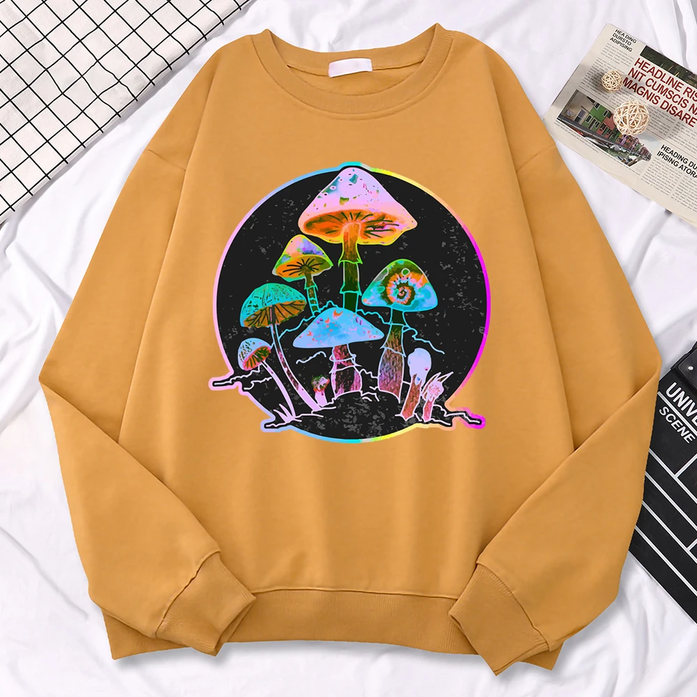 Casualwomen\'S Pullover Garden Of Shrooms Colorful Neon Style Mushroom Print Hoody Loose Crewneck Sweatshirts Warm Fleece Tops