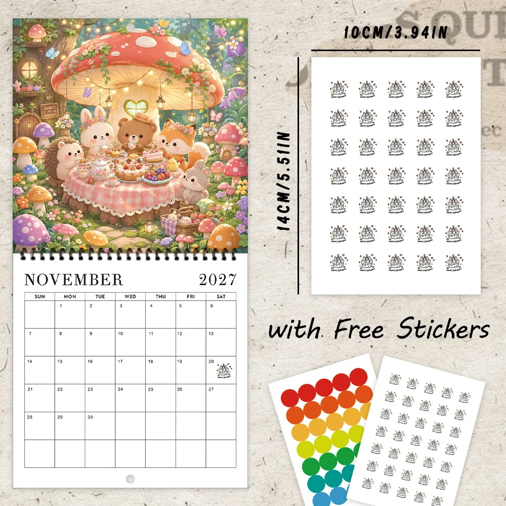 1pc 2027 Magic Mushroom Forest Wall Calendar,12‑Month Planner,Gift For Back‑to‑School,Christmas,New Year,Free Stickers Included