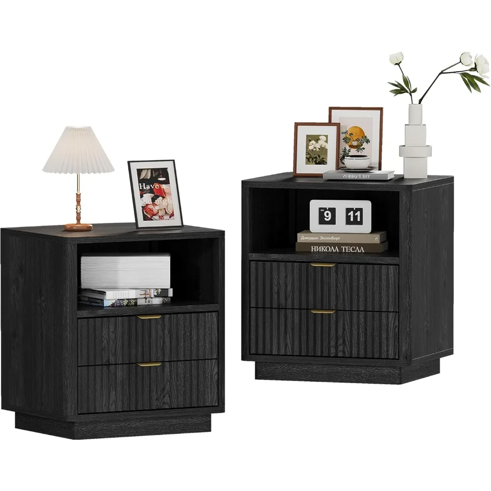 Pair of Modern Black Nightstands with 2 Drawers and Open Shelves, 22 Wide for Stylish Storage