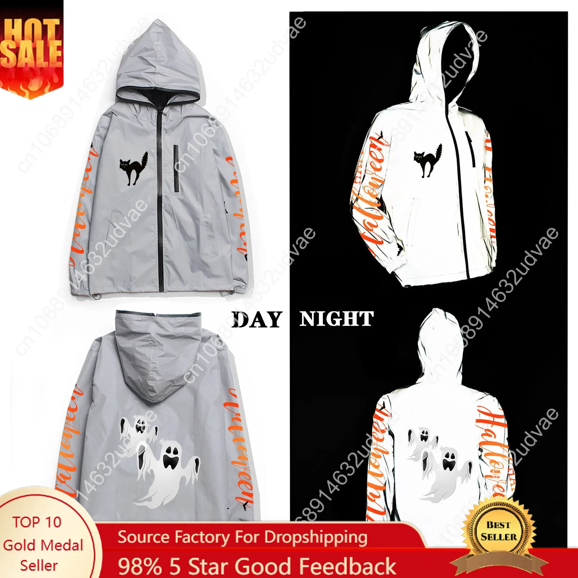 Halloween Pumpkin Custom Reflective Jacket Mens Womens Coat Hooded Windbreaker Run Jackets Cycling Hiking Zipper Custom Hoodie