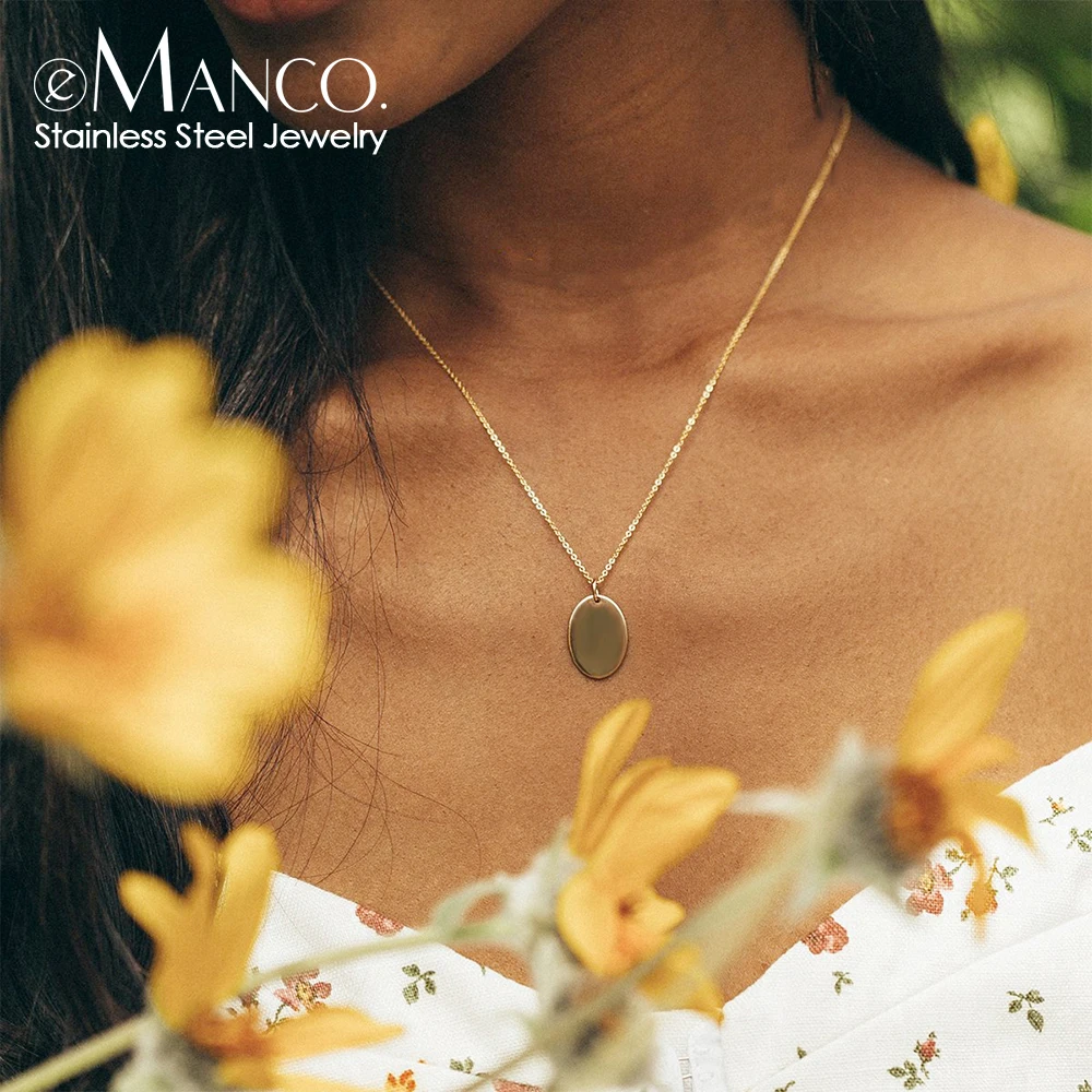 eManco Oval Stainless Steel Pendant Necklace Gold Color Choker Necklaces on Neck Women Jewelry Gift