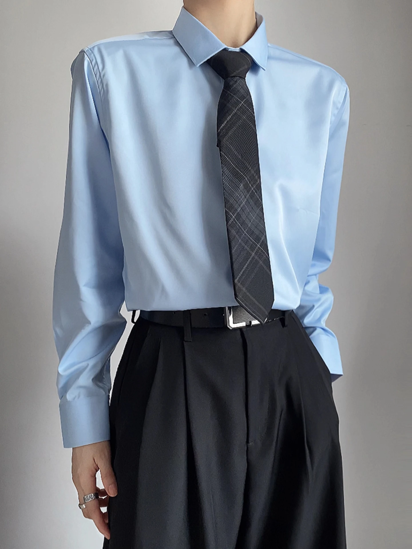 

Light Blue Men's Shirt Draped Loose Long Sleeve Pure Color Casual Fashion Spring Autumn Polyester Fabric Youth Style