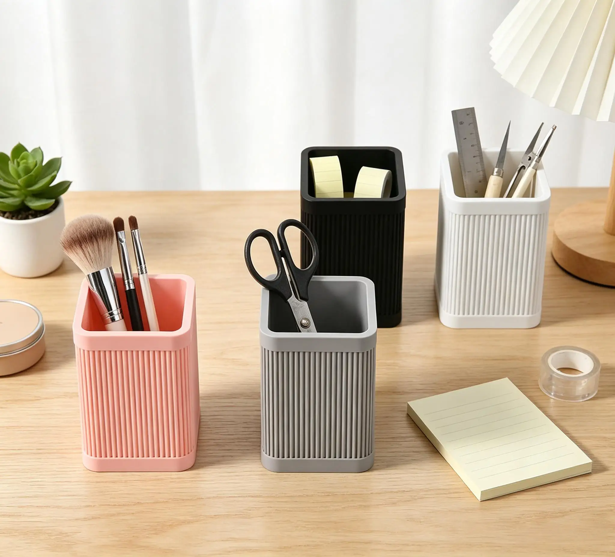 Silicone Pen Holder, Vertical Ribbed Square Desk Organizer, Anti-Drop Multi-Purpose Desktop Storage Caddy for Office Home Vanity