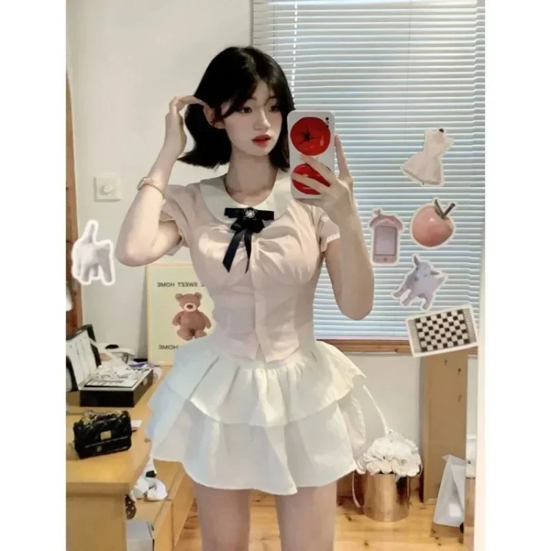 Sweet Kawaii Peter Pan Collar Slim Fit Puff Sleeve Pink Shirts Women+ Y2k High Waist White Skirts Summer New Two Piece Sets