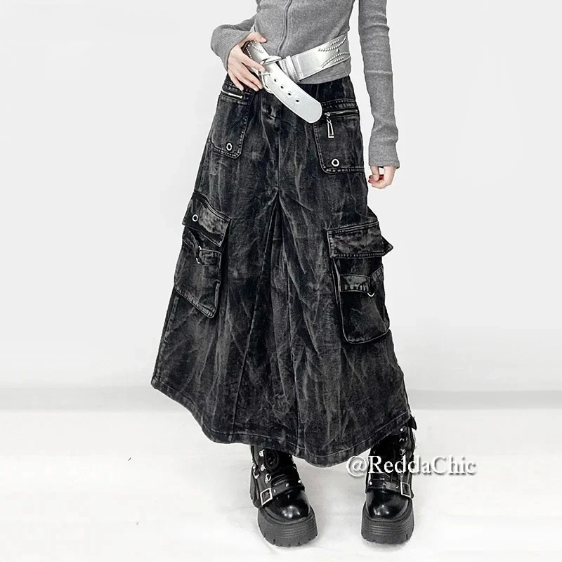 IMU Eyelets Pocket Midi Long Women Cargo Skirt Distressed Retro Tie Dye Pleat High Waist Denim Skirt Acubi Fashion Clothes