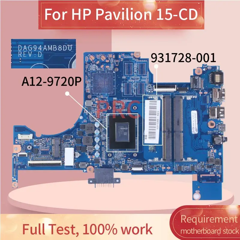 

15-CD 15Z-CD For HP Pavilion A12-9720P Laptop Motherboard DAG94AMB8D0 931728-601 Notebook Mainboard DDR4