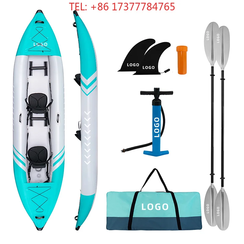 Inflatable Drop Stitch Foldable Double Kayak 381CM, 3 Chambers 0.7mm 500D18*20 Laminated PVC Portable Boat for Ocean Lake