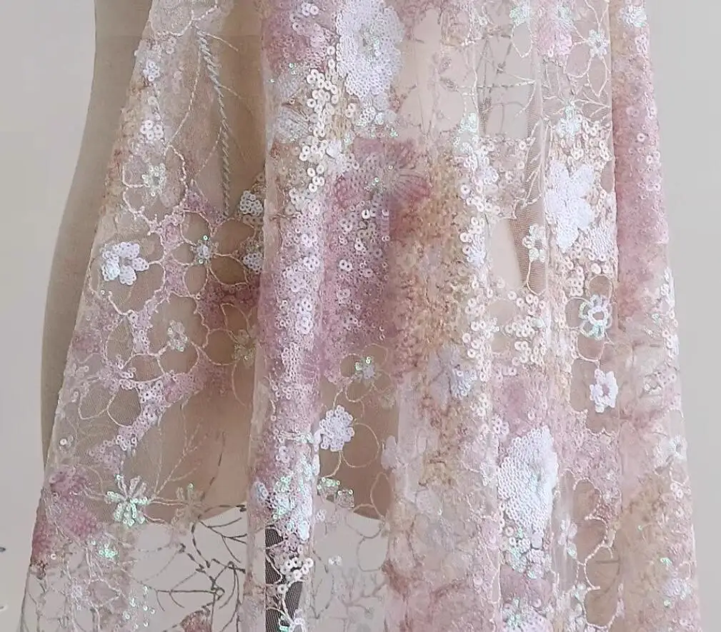 130cm 0.5m/lot Pink Sequins Embroidered Mesh Fabric Fantasy Embroidered Fabric Dress Consume Fabric Material X1293