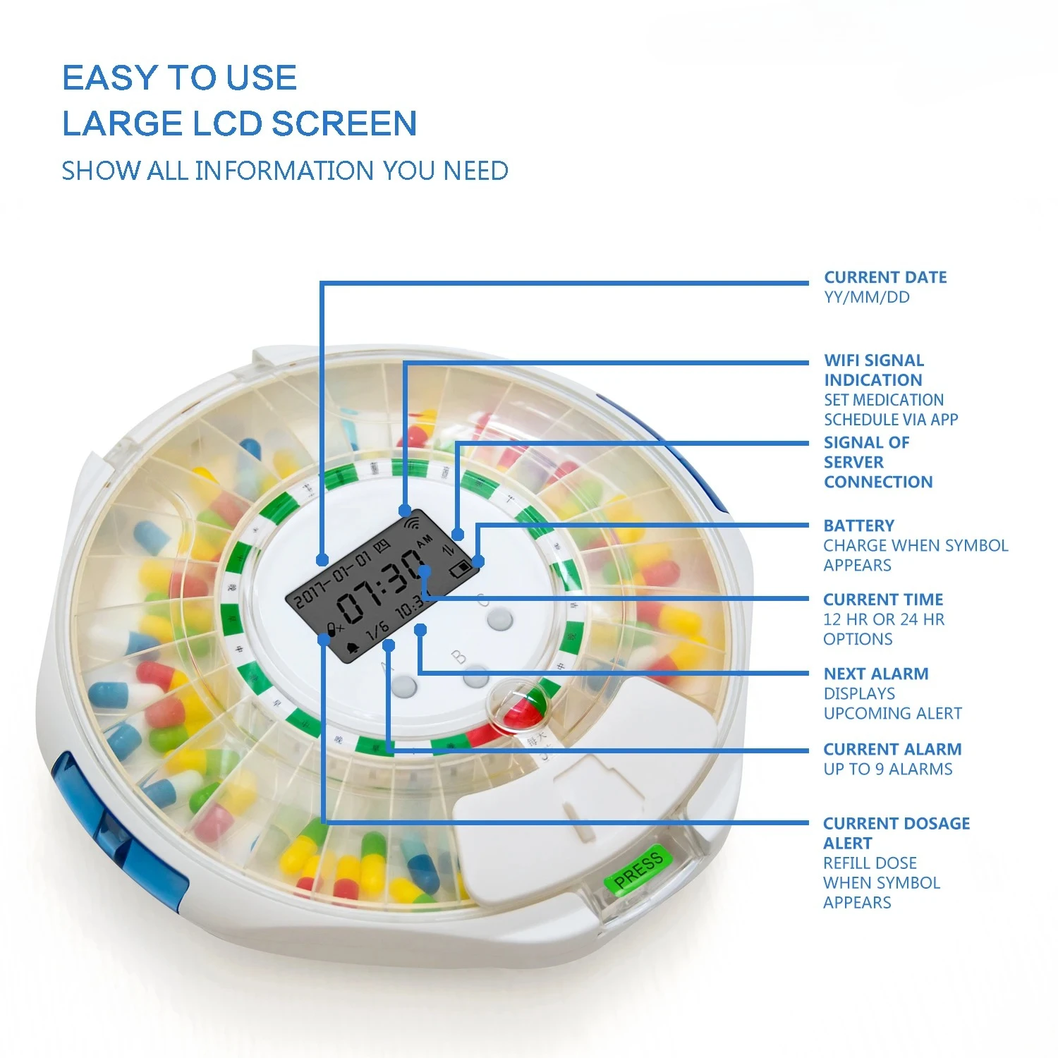 M126A， 28 compartments alarm plastic pill box Tuya Wifi automatic pill dispenser with button