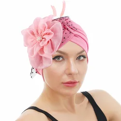 Lastest Feather Flower Turban Bonnet for Women Muslim Hijab Headscarf Caps Wedding Party Headwear Turbante Mujer African Headtie