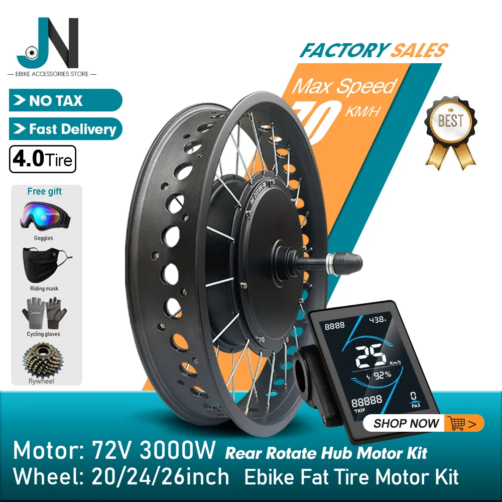 

Electric Bicycle 4.0 Tire 72V 3000W Brushless Rear Rotate Hub Motor Wheel Motor 20 24 26inch For Snow bike Kit Dropout 170mm
