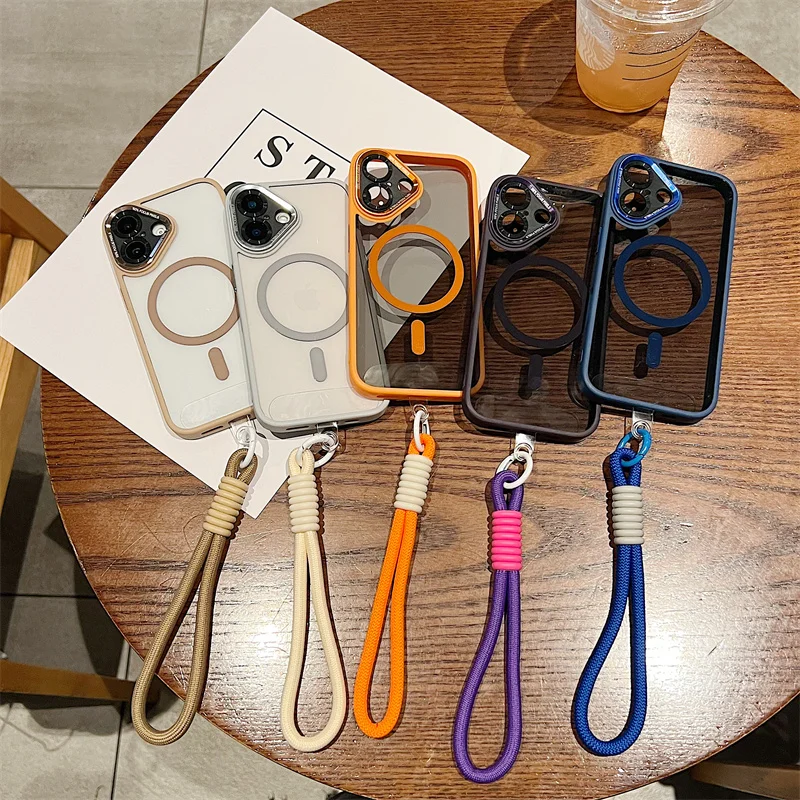 

Metal Lens Shockproof Armor Lanyard Hanging Rope Magsafe Phone for iPhone 11 15 14 13 12 16 Pro Max Plus Wireless Charging Cover