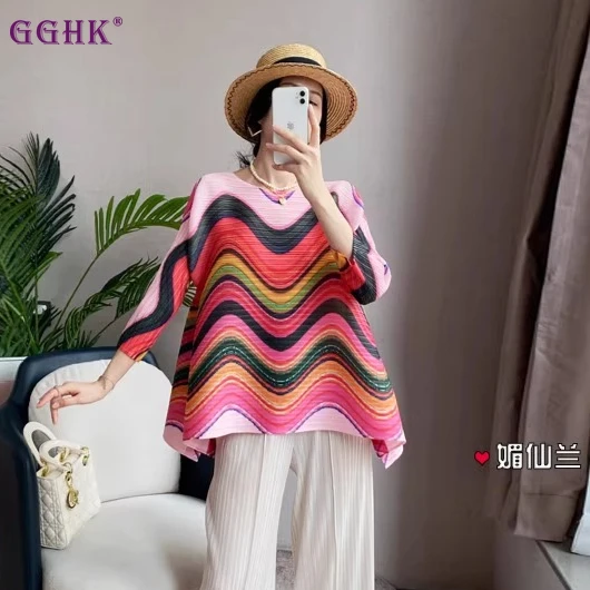 

GGHK женская свободная цветная полосатая футболка с принтом из дышащей ткани, модная летняя одежда для отдыха, повседневная женская одежда для отдыха