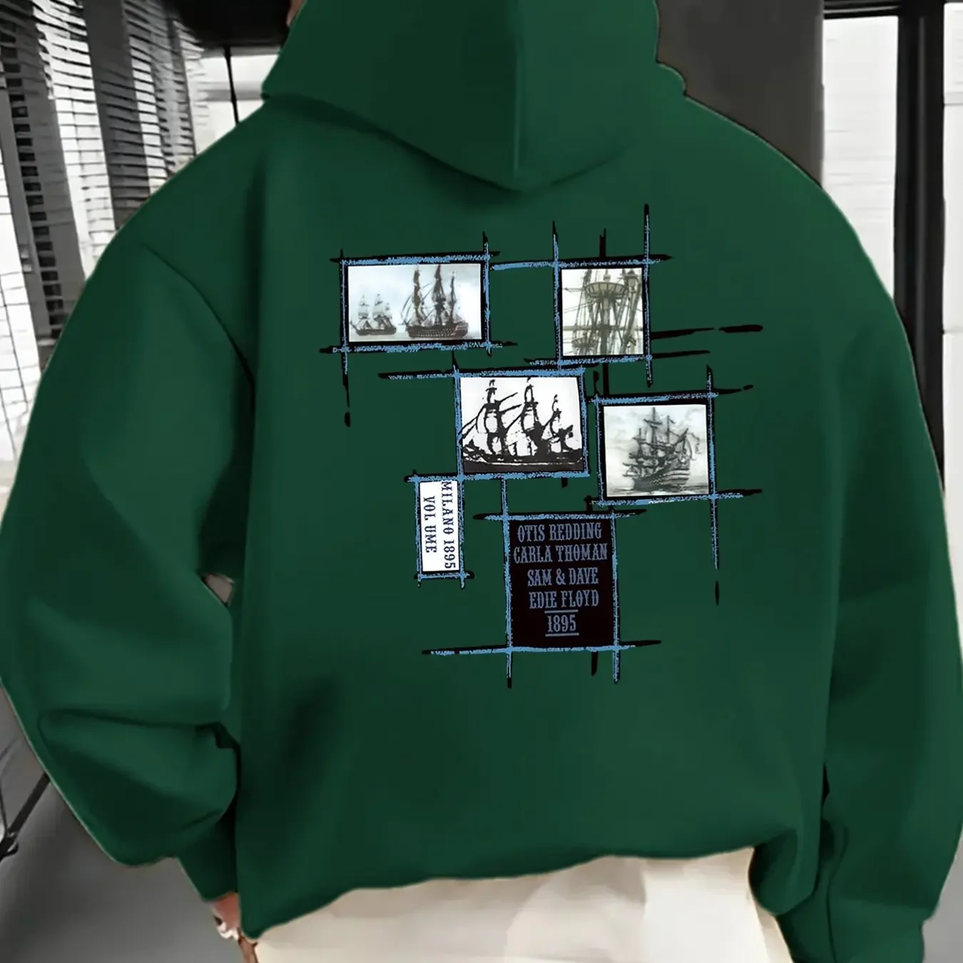 Men Vintage Old‑Ship Collage Frame Back‑Print Hoodie Retro Ocean Sailing Ship Graphic Casual Pullover Sweatshirt