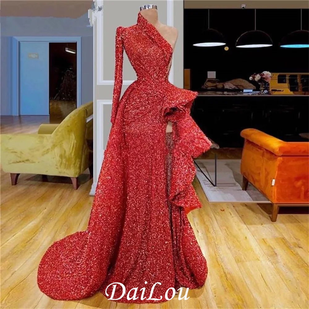 

Red Sequin Sexy Evening Dresses Women Party Robe De Soiree Elegant One-Shoulder Long Sleeves Vestidos Shiny Prom Maxi Dress