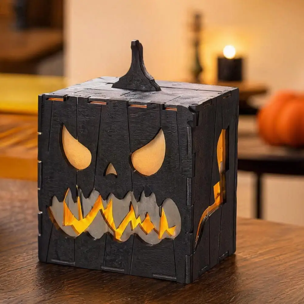Hollow Devil Face Decor Led Halloween Decoration Halloween Wooden Pumpkin Candle Holder Jack O Lantern Tabletop Centerpiece