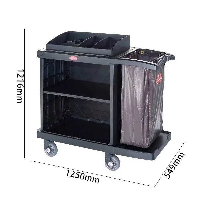 Black Folding Hotel Laundry Cart Trolley Plastic Room Attendant with Wheels for Housekeeping & Cleaning Without Door