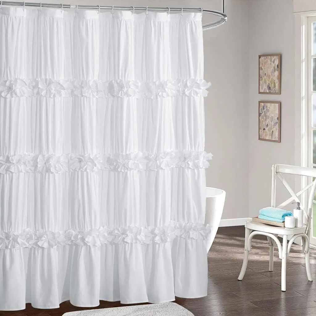 

Victorian Ruffle Shower Curtain, Ruched Microfiber Vintage Bow Tie Bathroom Decor with 12 Buttonholes, White 72x72 Inches