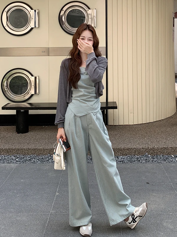 

Ele Old Money Sle Women's Tee-Piece Set with ter Wide Leg Pants And Knit Top Faionable Early Autumn Outfit