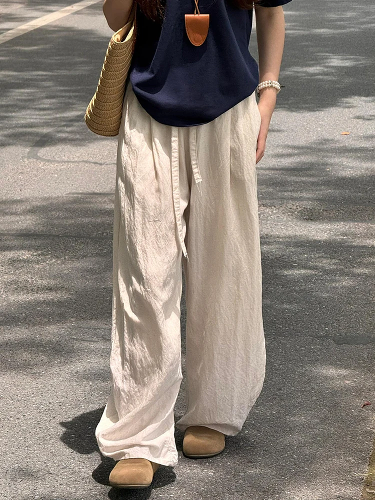 Women's Lyocell Linen Pants，Solid Curved-Cut Balloon Pants，Plus Size Loose Wide-Leg Pants，Drawstring High-Waist Yamamoto Pants