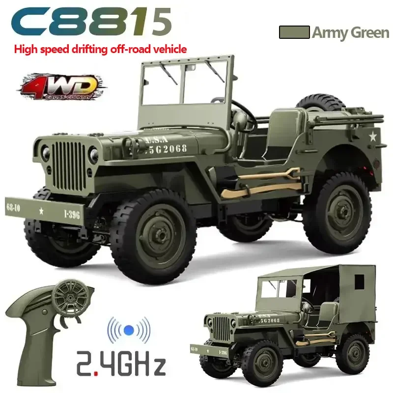 

C8815 1/10 WILLYS JEEP 2.4G Rc Car 1941 4WD RTR Crawler Climbing Scale Military Truck Offroad Vehicle Adult Toys Gift For Kids