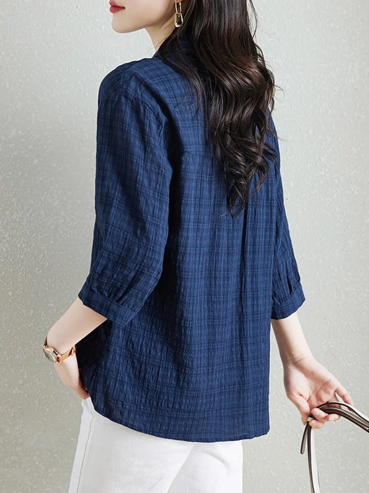 100% Cotton Women Casual Shirt New Arrival 2023 Korean Style Vintage Plaid Half Sleeve Loose Female Tops Shirts B3062