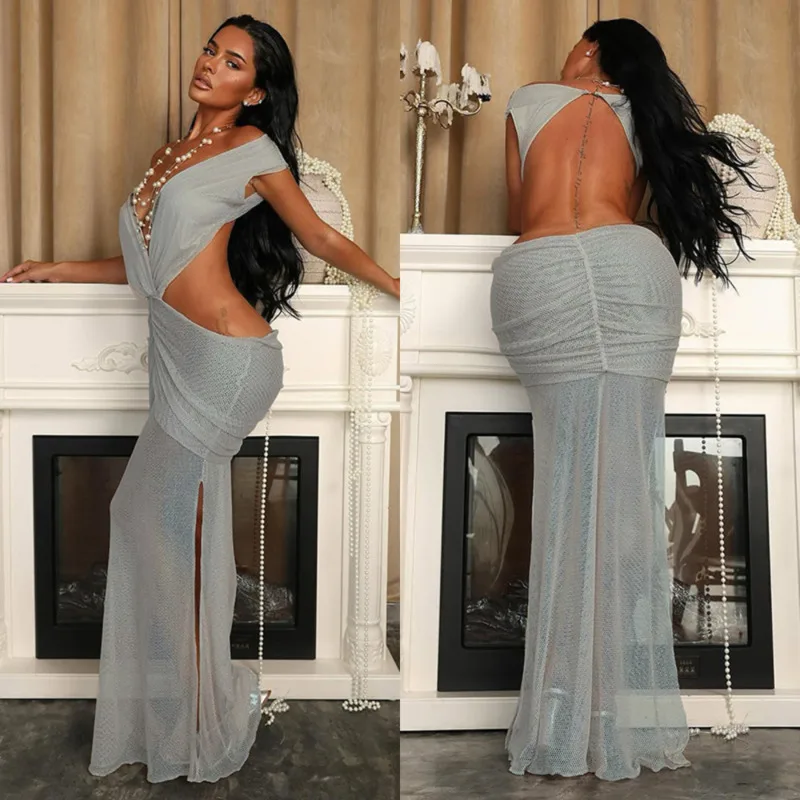 

Sexy Mesh Patchwork Backless Dress Women Chic Slash Neck Off Shoulder Club Long Bodycon Gown Split Hem Party Nightwear Outfit