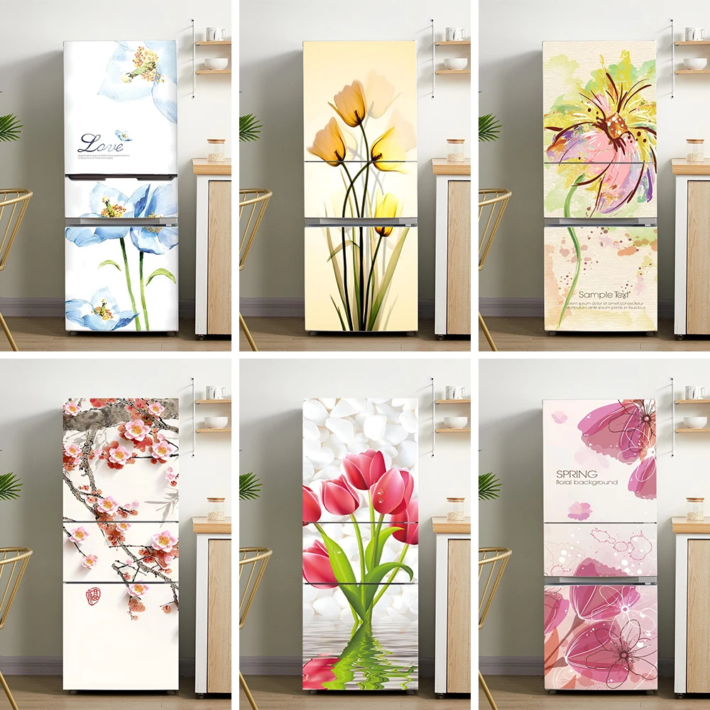 Romance Flower Printed Tulip Fridge Door Mural Stickers Removable Waterproof PVC Kitchen Refrigerator Cabinet Art Mural Decals