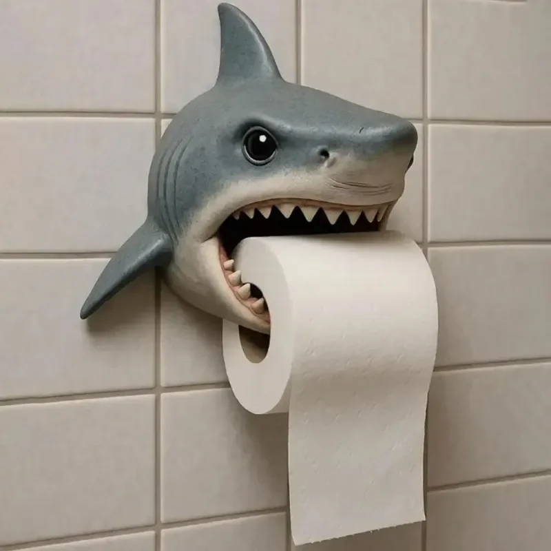 Fun Shark/Dog Wall-Mounted Toilet Paper Holder - Durable Resin Bathroom & Kitchen Tissue Roll Organizer Decor