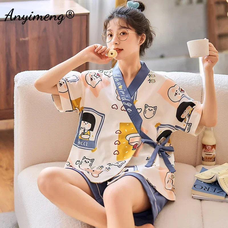 Pijamas de algodón suave para mujer, ropa de dormir con estampado de animales Kawaii, pantalones cortos, Kimono, ropa de dormir para niñas jóvenes