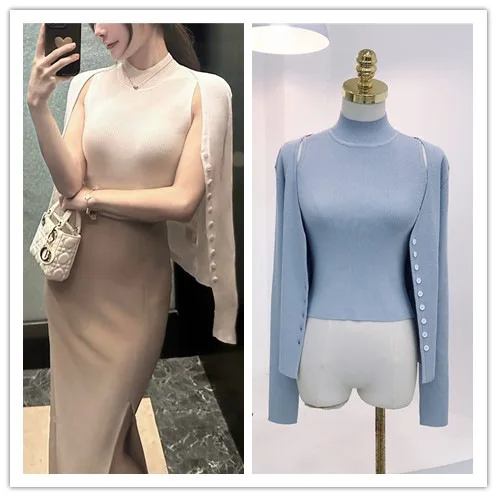 7597 Elegante und anmutige Dame ~ 14 Nadel High Twist Baumwolle halbe Rollkragen ärmellose Weste + V-Ausschnitt Strickjacke zweiteiliges Set für