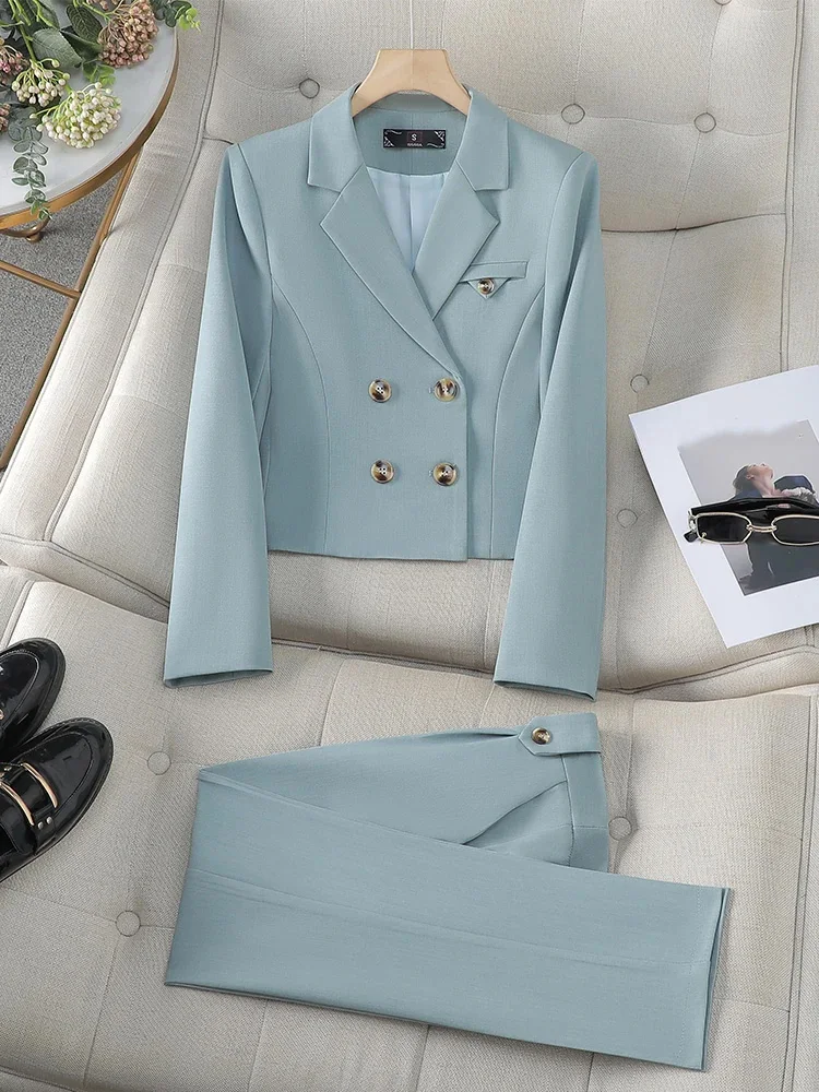 

Spring Summer Blue Coffee Gray Ladies Blazer Pant Suit Women Female Business Work Wear Short Jacket and Trouser 2 Piece Set