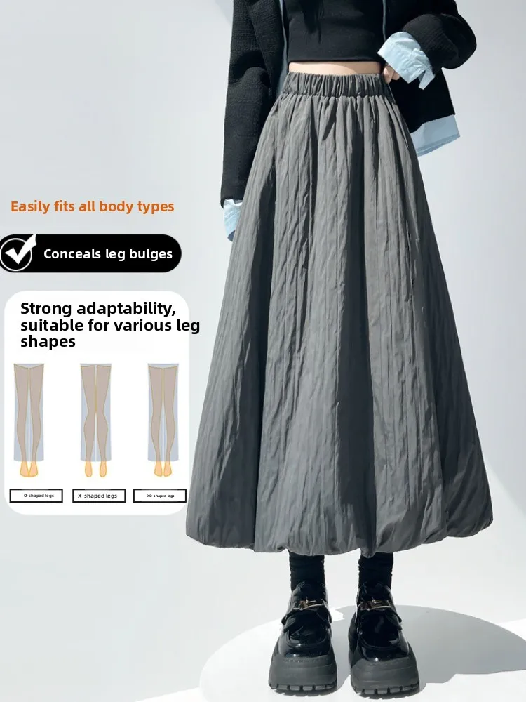 Spódnica midi w kształcie litery A z wysokim stanem, ocieplana, damska, jesienno-zimowa, wyszczuplająca, o długości do połowy łydki, spódnica typu parasol, wypełniona bawełną.