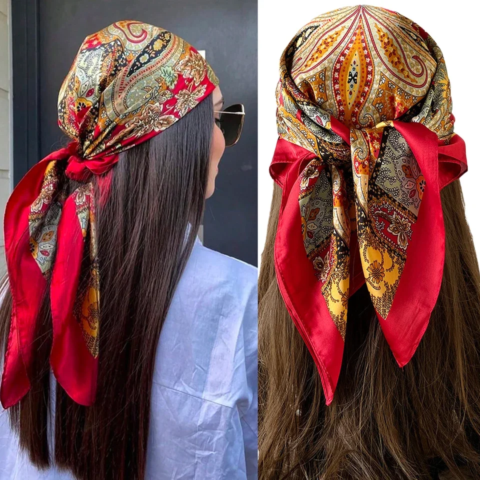 

90*90cm Paisley Print Handkerchief Soft Satin Hijab Scarf For Women Bandana Head Hair Scarves Square Hairband Neck Scarfs Ladies