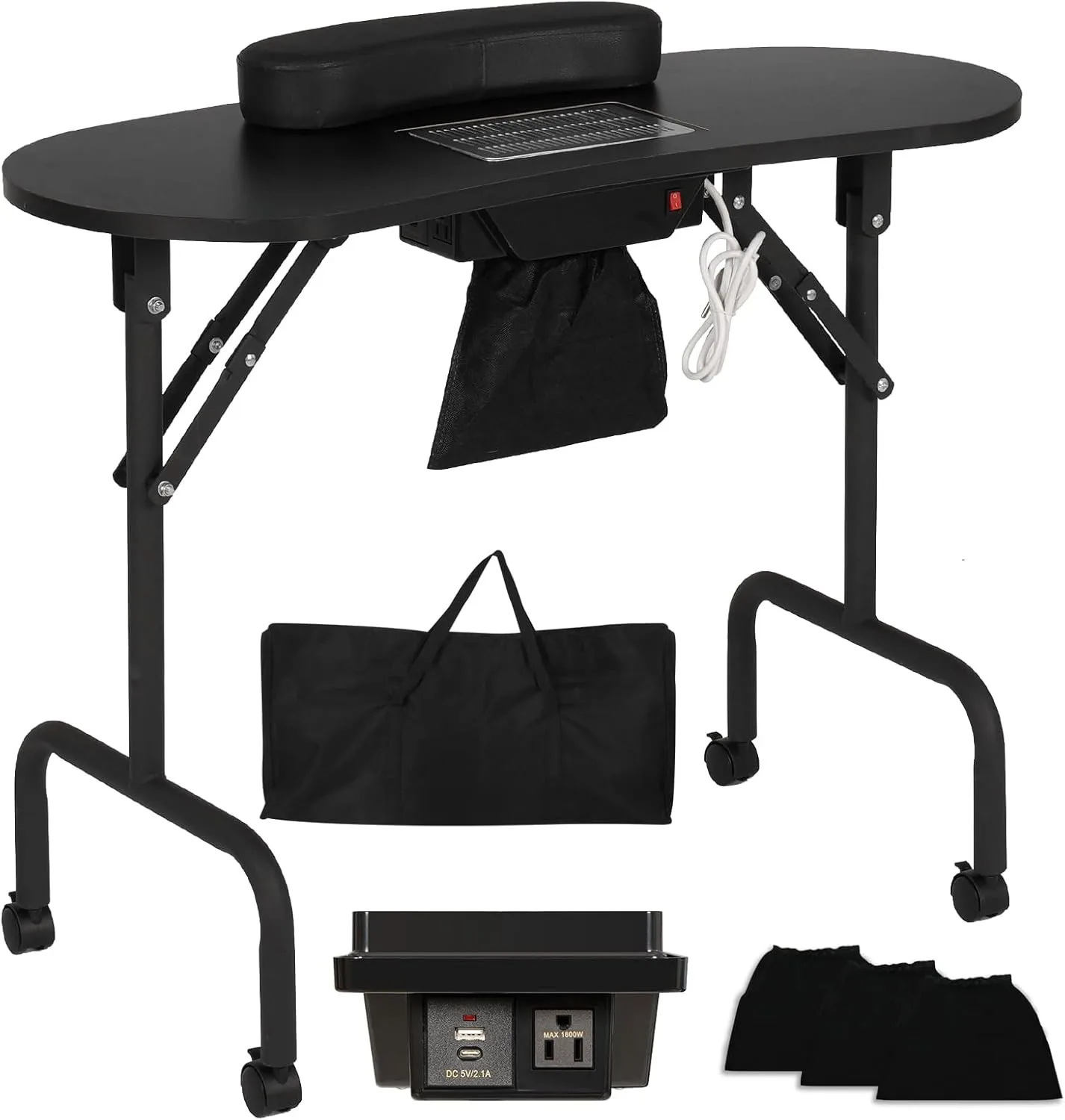 

Foldable Portable Nail Desk with Charging Station & Dust Collector, Black