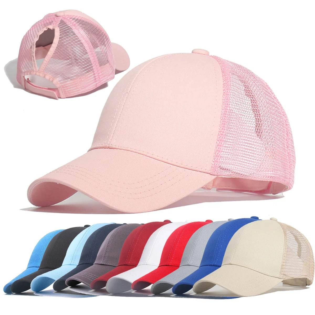 Ponytail Baseball Cap Summer Women Adjustable Simple Fashionable Solid Colors Messy Hat Casual Cotton Girl Snapback Mesh Cap