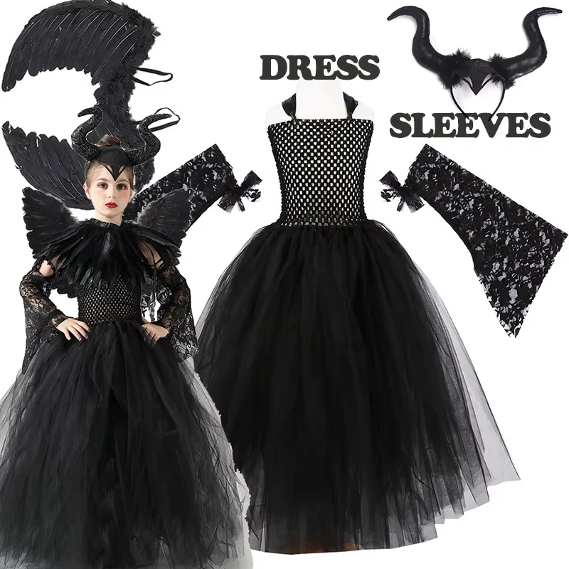 

Girls Cosplay Halloween Dark Black Tutu Dress Kids Evil Queen Black Mesh Princess With Wings Shawl Costume 12T